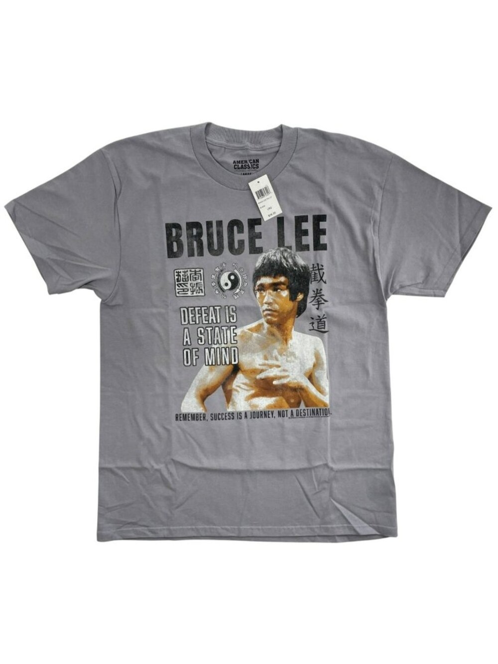 Bruce Lee Graphic T-Shirt Defeat Is A State Of Mind 100% Cotton Gray Men's Sz L